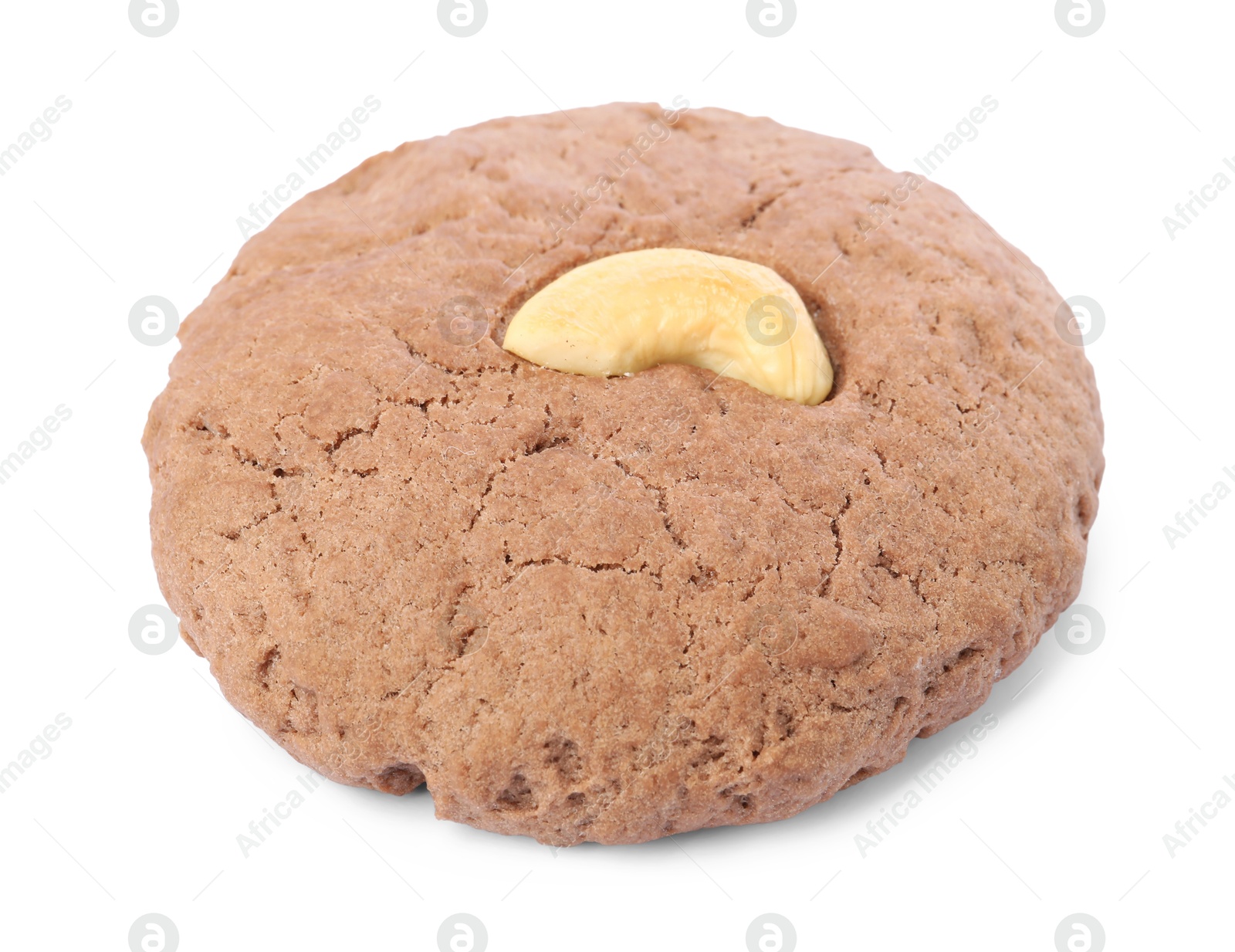 Photo of One tasty chocolate cookie with cashew isolated on white