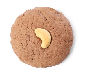 Photo of One tasty chocolate cookie with cashew isolated on white, top view