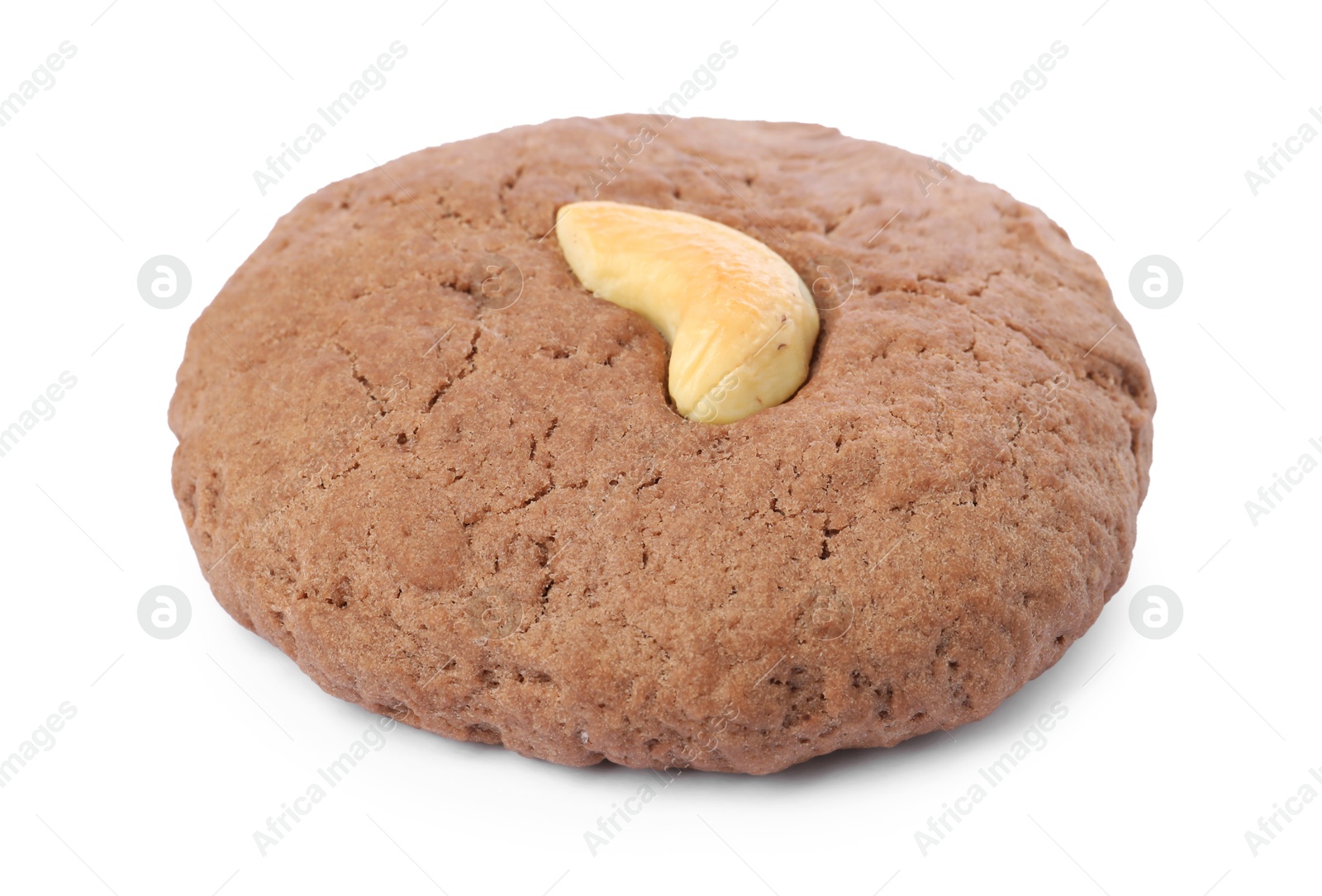 Photo of One tasty chocolate cookie with cashew isolated on white