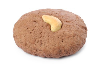 Photo of One tasty chocolate cookie with cashew isolated on white