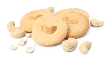 Photo of Tasty cashew cookies and nuts isolated on white