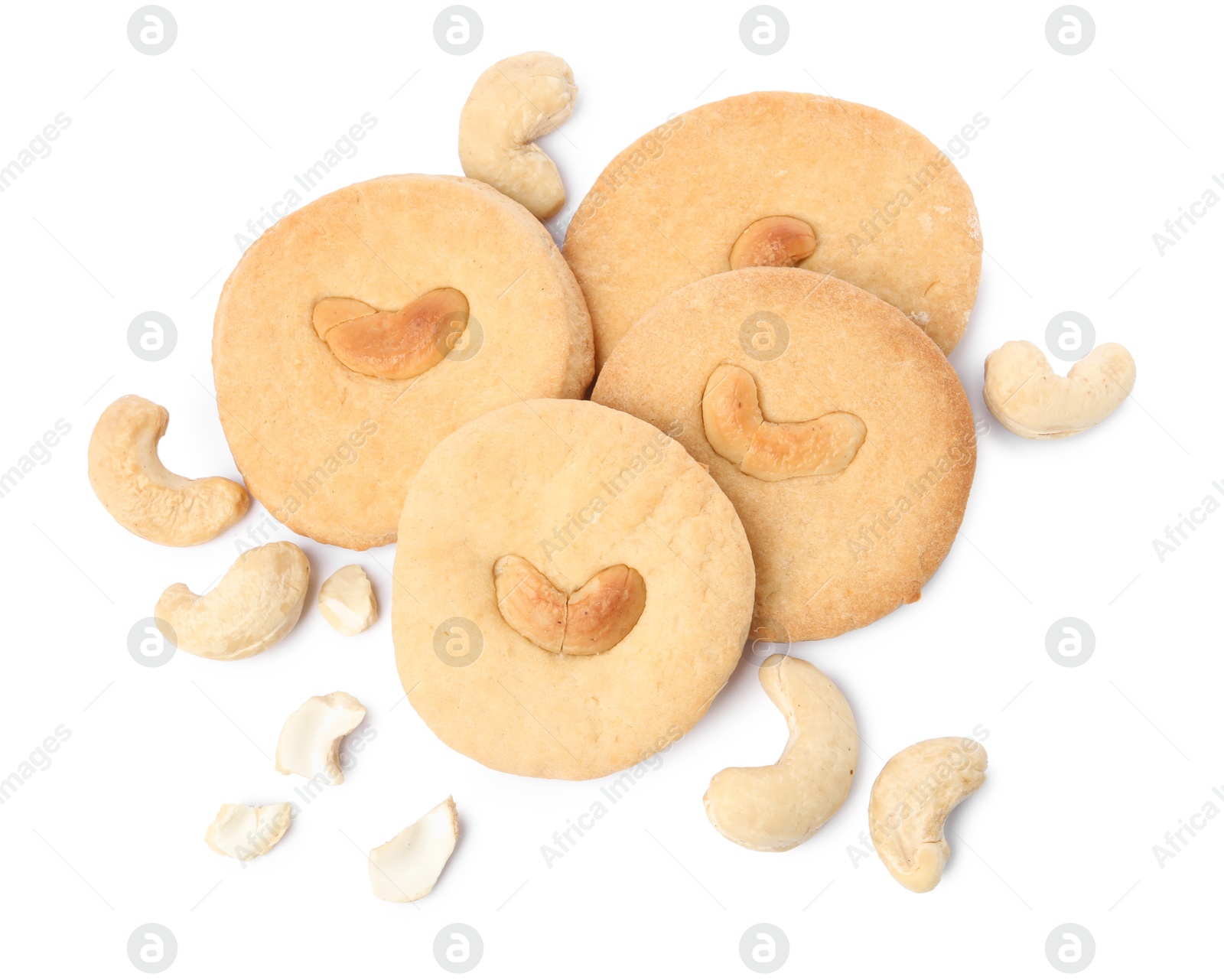 Photo of Tasty cashew cookies isolated on white, top view