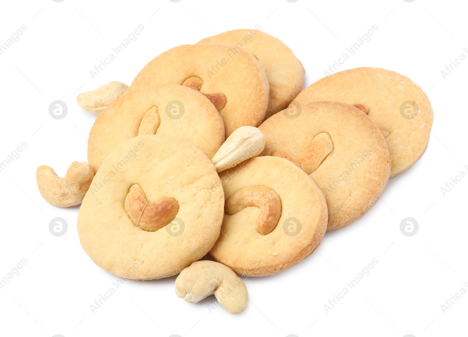 Photo of Tasty cashew cookies and nuts isolated on white