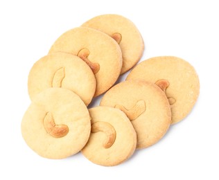 Photo of Tasty cashew cookies isolated on white, top view