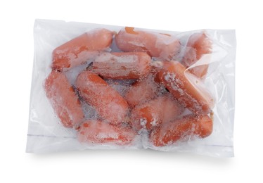 Photo of Frozen sausages in plastic bag isolated on white, top view