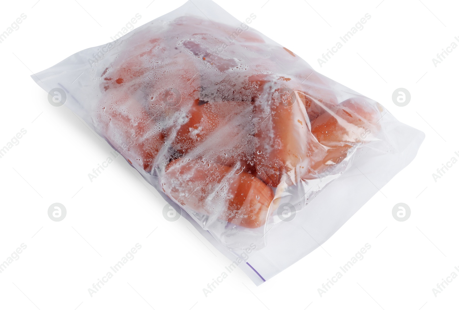 Photo of Frozen sausages in plastic bag isolated on white