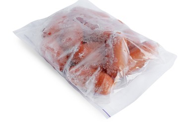 Photo of Frozen sausages in plastic bag isolated on white