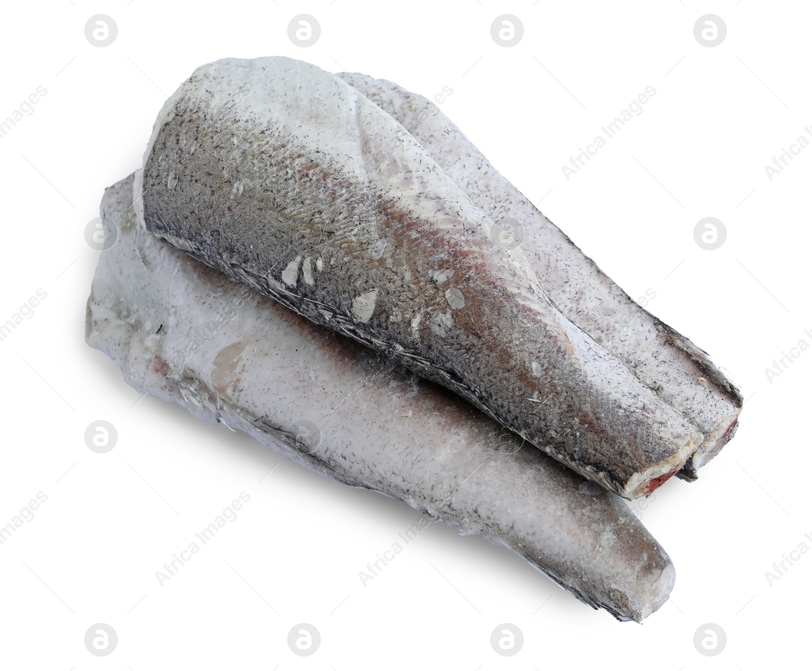 Photo of Three frozen hake fishes isolated on white, top view