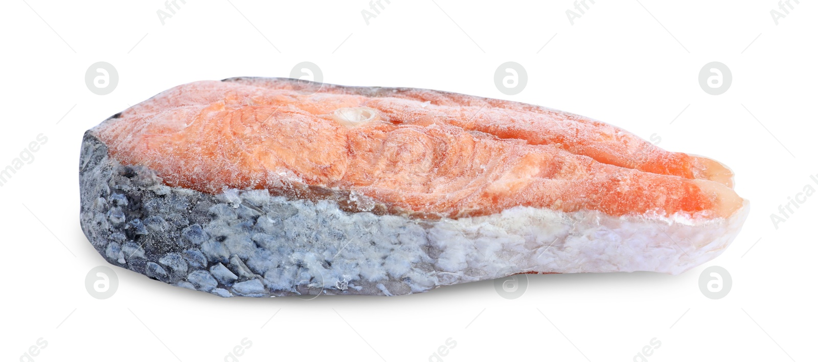 Photo of One frozen salmon steak isolated on white