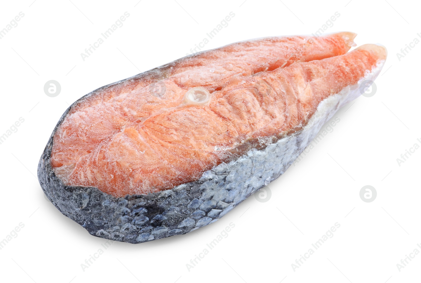 Photo of One frozen salmon steak isolated on white