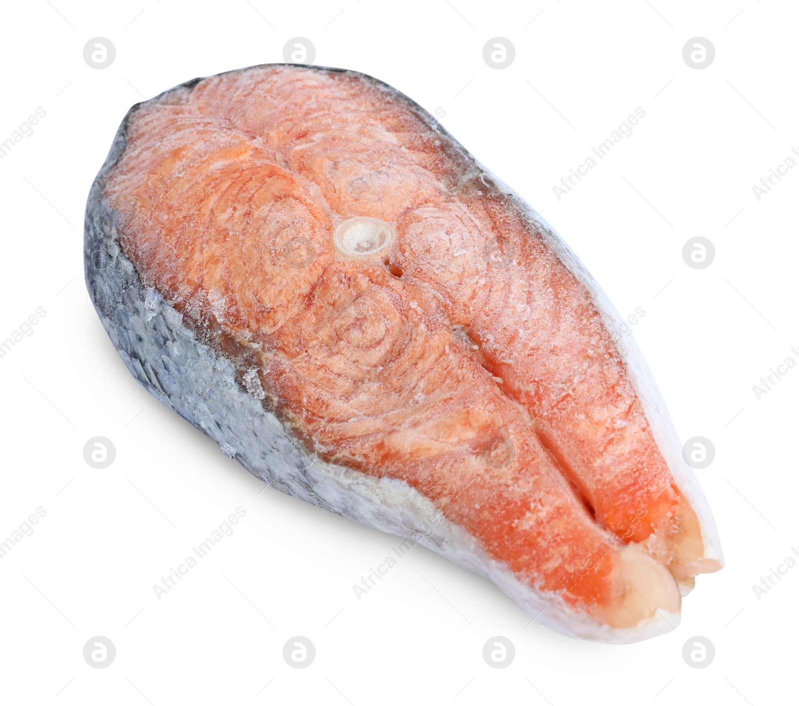 Photo of One frozen salmon steak isolated on white