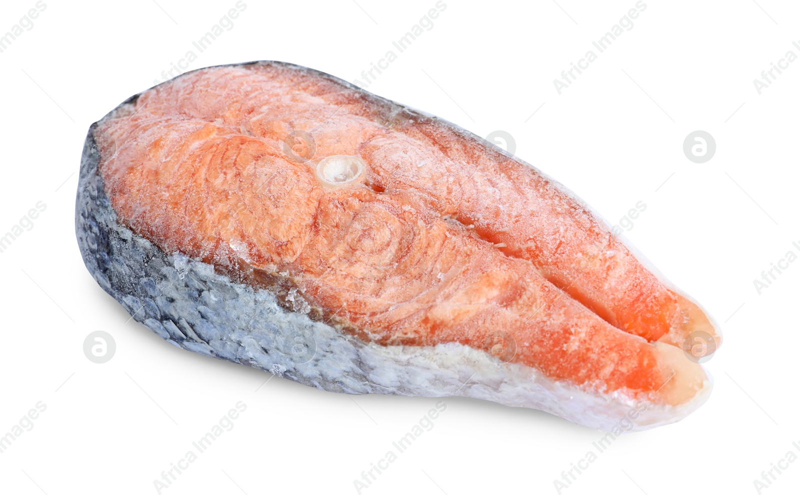 Photo of One frozen salmon steak isolated on white