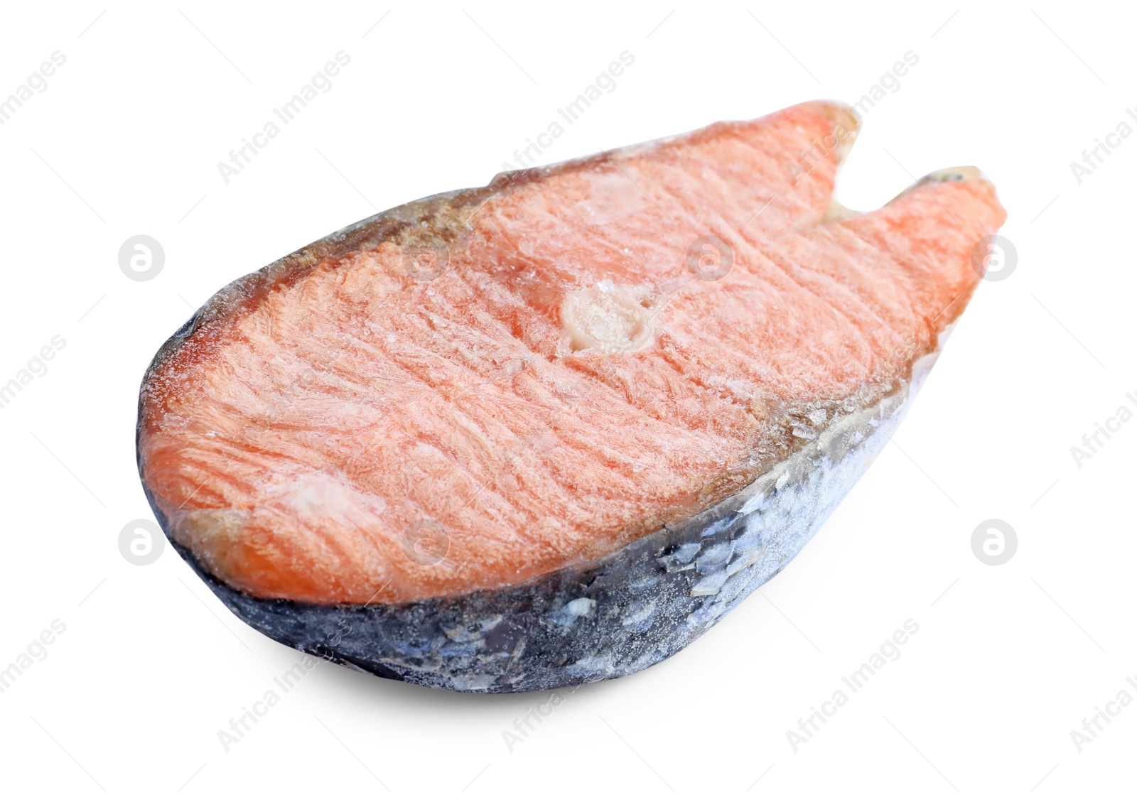 Photo of One frozen salmon steak isolated on white