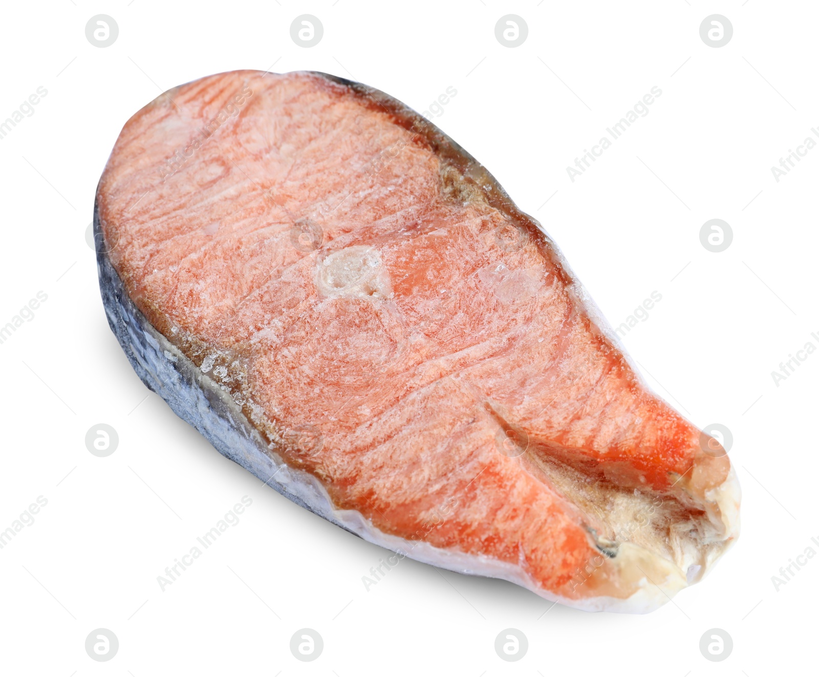 Photo of One frozen salmon steak isolated on white