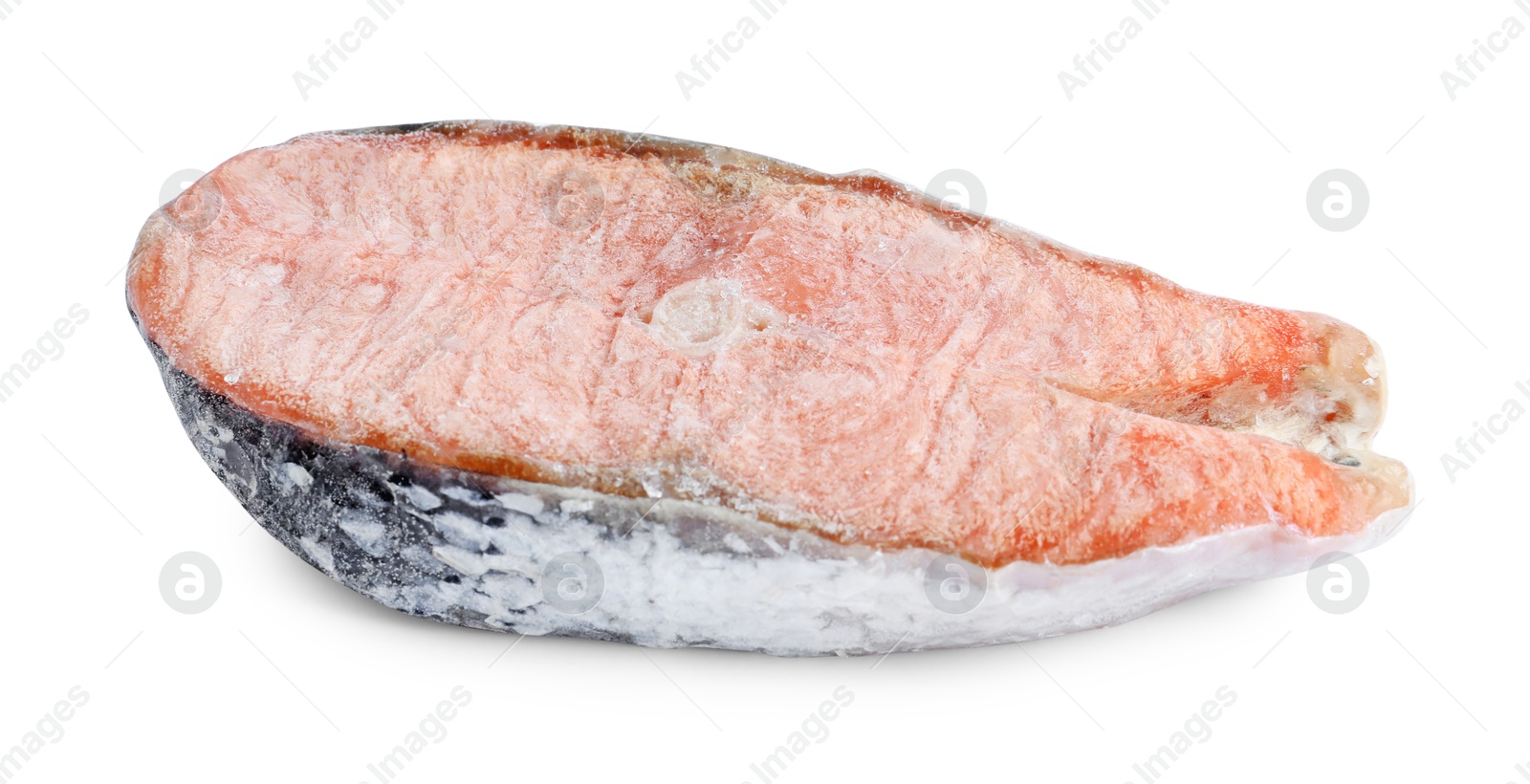 Photo of One frozen salmon steak isolated on white