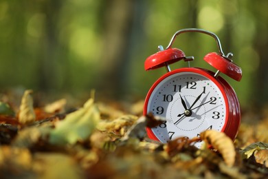 Photo of Alarm clock on fallen dry leaves outdoors, closeup. Space for text