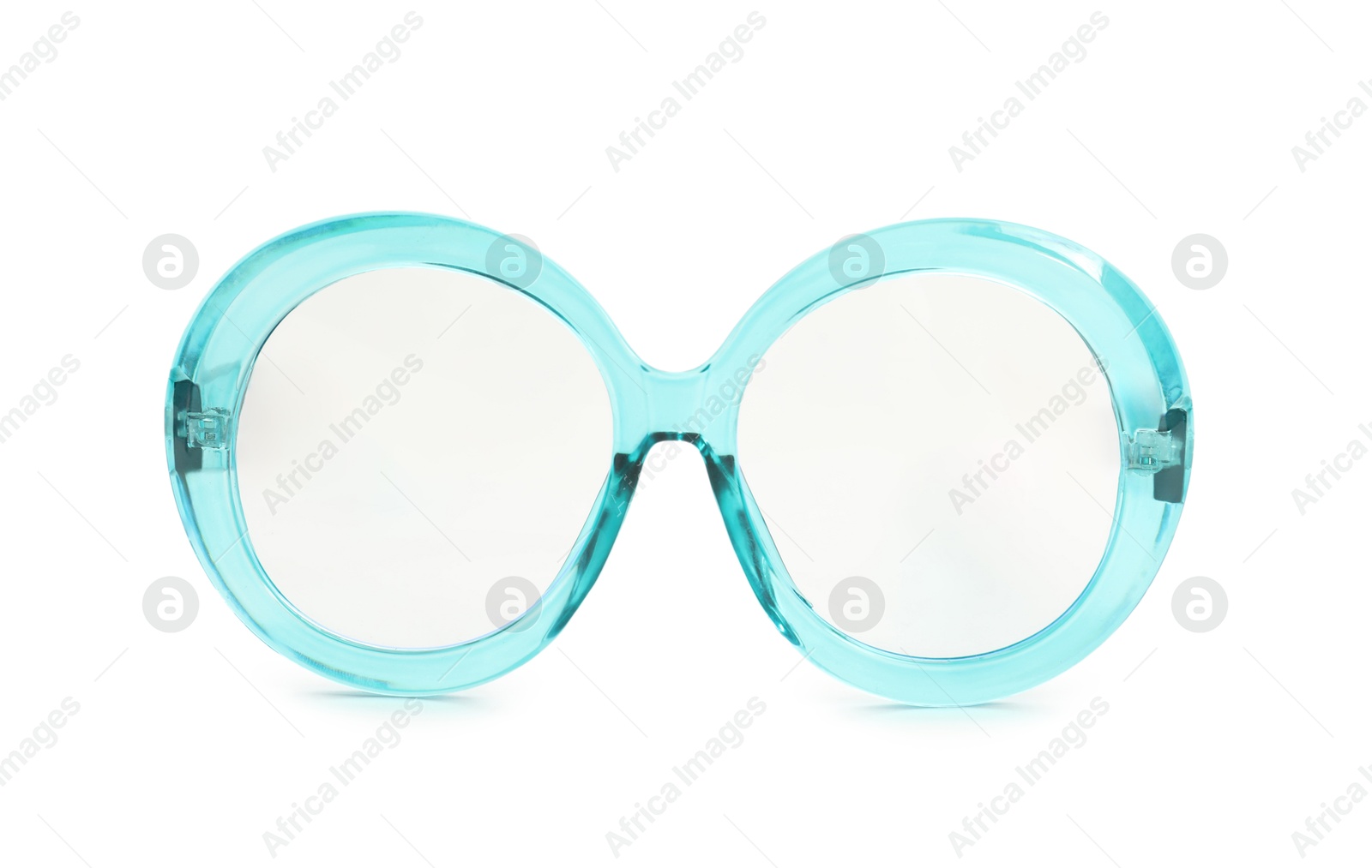 Photo of Stylish light blue glasses isolated on white