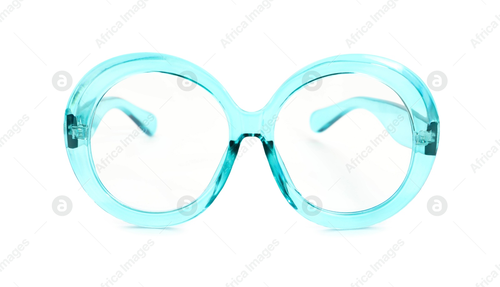 Photo of Stylish light blue glasses isolated on white