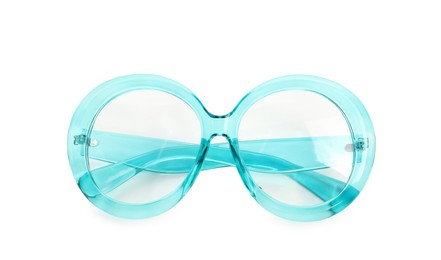 Photo of Stylish light blue glasses isolated on white