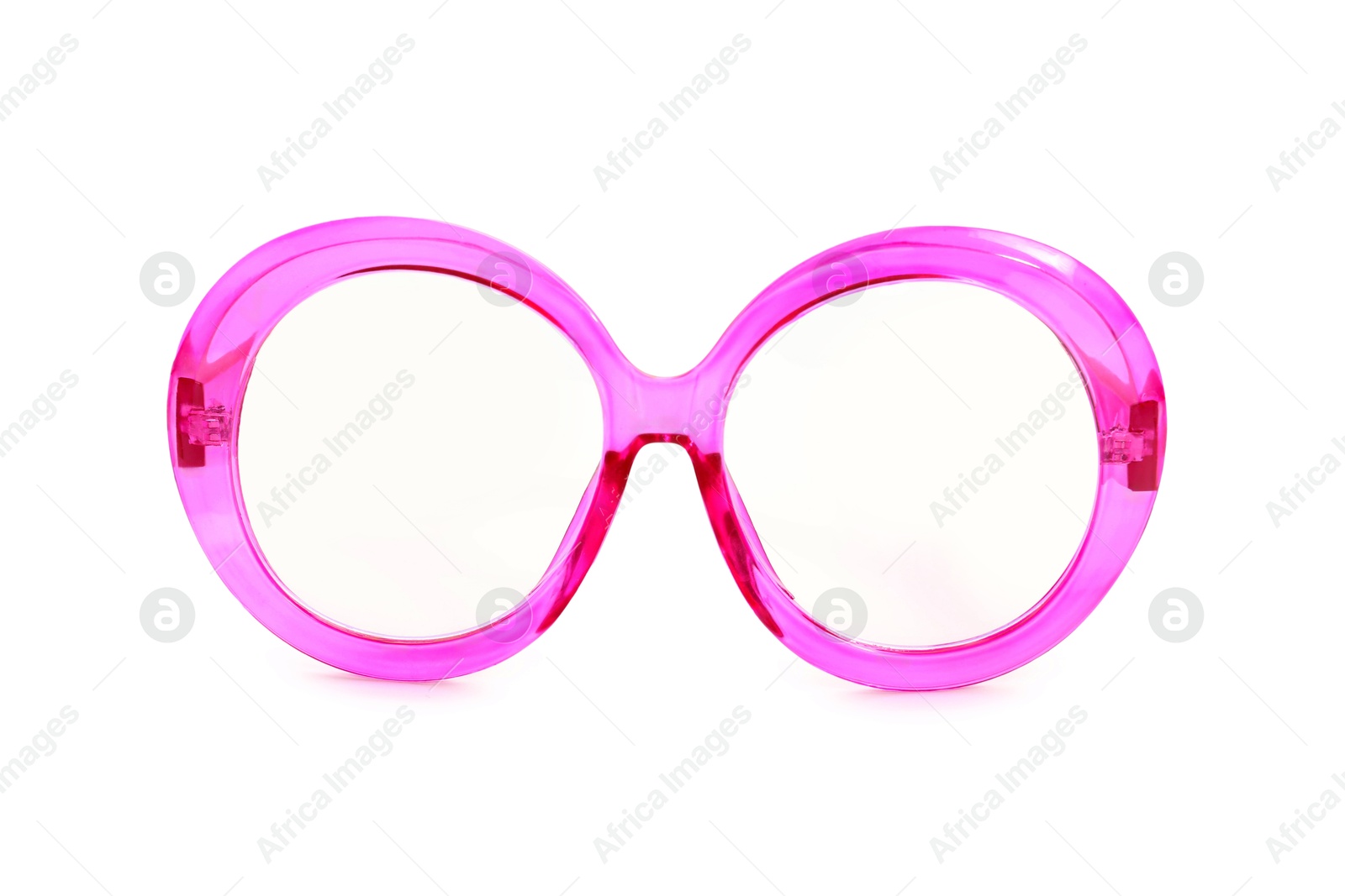 Photo of Stylish bright pink glasses isolated on white