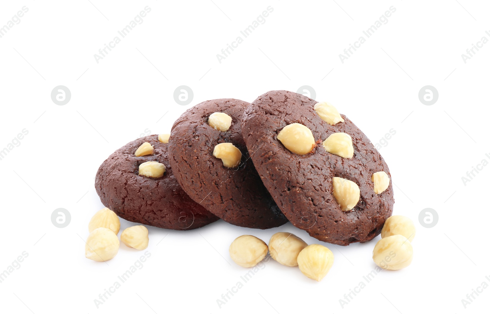 Photo of Tasty chocolate cookies with hazelnuts isolated on white