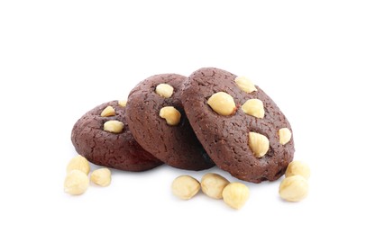 Photo of Tasty chocolate cookies with hazelnuts isolated on white