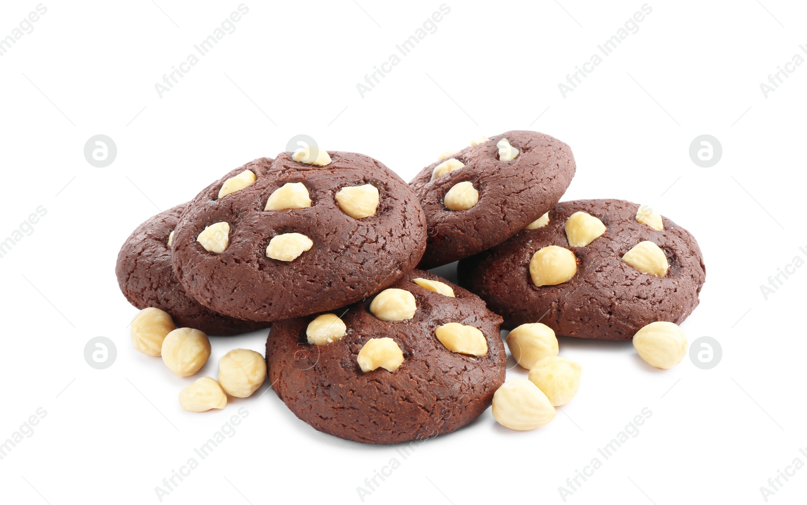 Photo of Tasty chocolate cookies with hazelnuts isolated on white