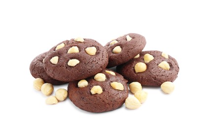 Photo of Tasty chocolate cookies with hazelnuts isolated on white