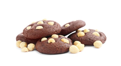 Photo of Tasty chocolate cookies with hazelnuts isolated on white