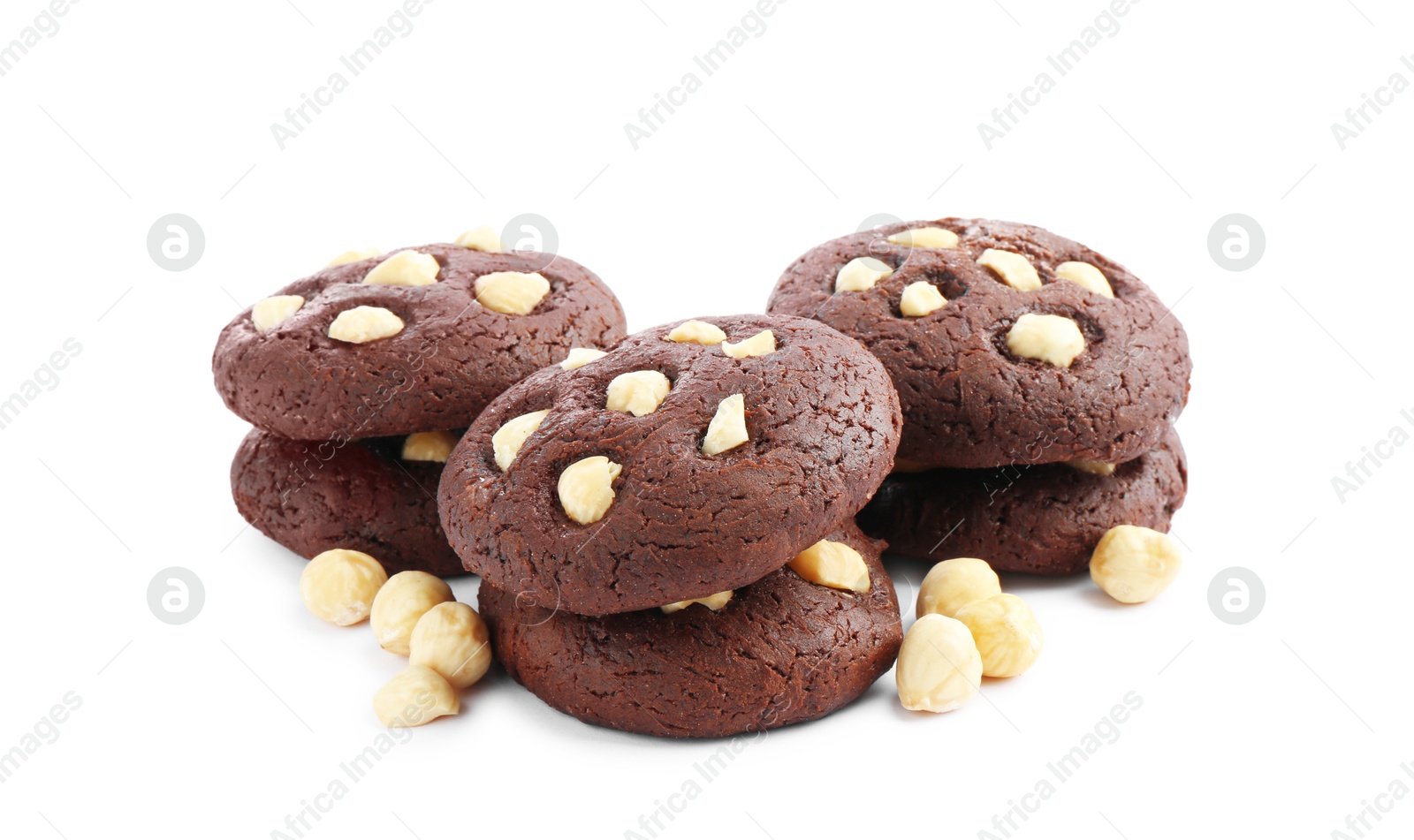 Photo of Tasty chocolate cookies with hazelnuts isolated on white