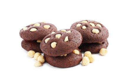 Photo of Tasty chocolate cookies with hazelnuts isolated on white