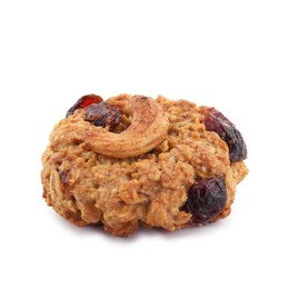 Photo of One delicious oatmeal cookie with dried cranberries and nuts isolated on white