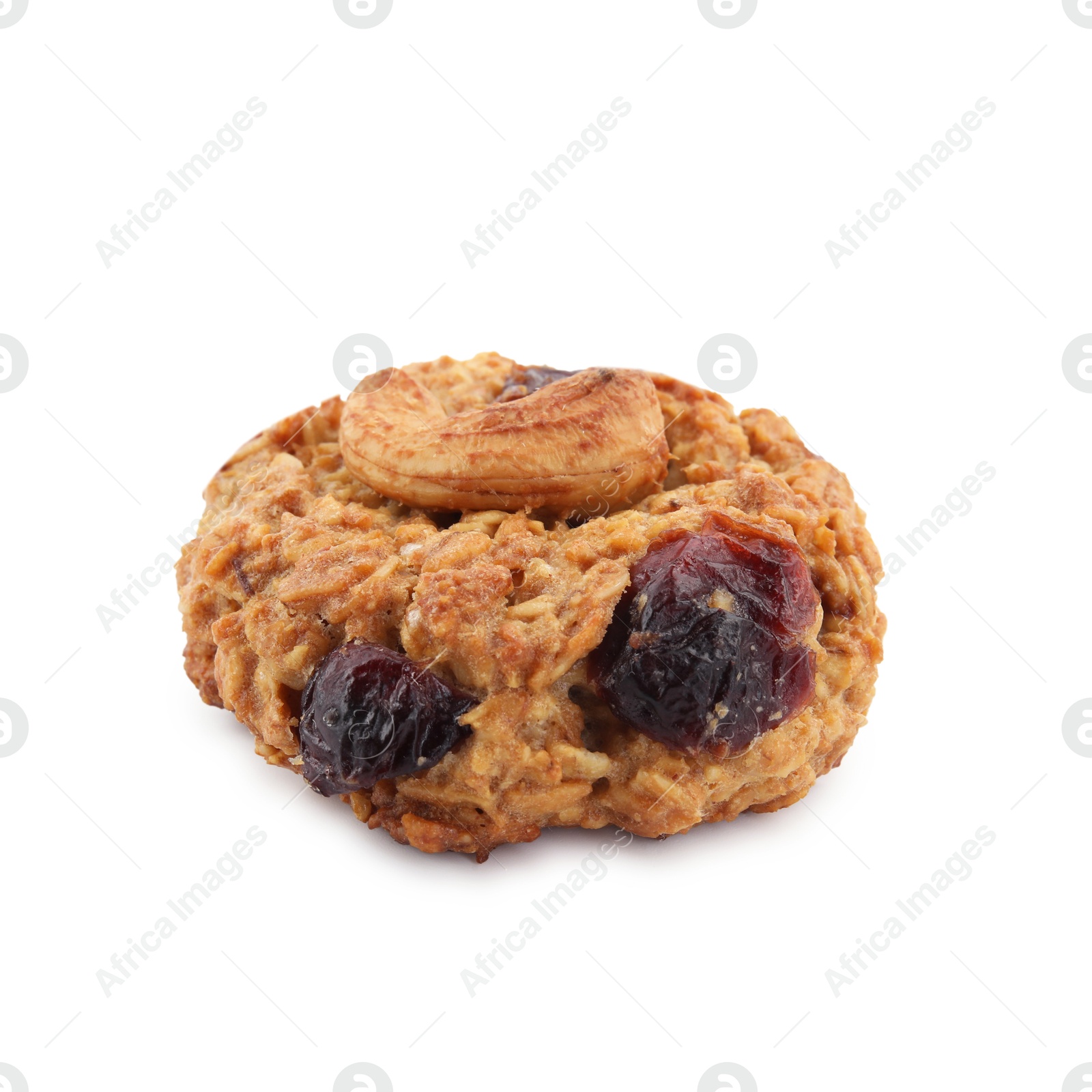 Photo of One delicious oatmeal cookie with dried cranberries and nuts isolated on white