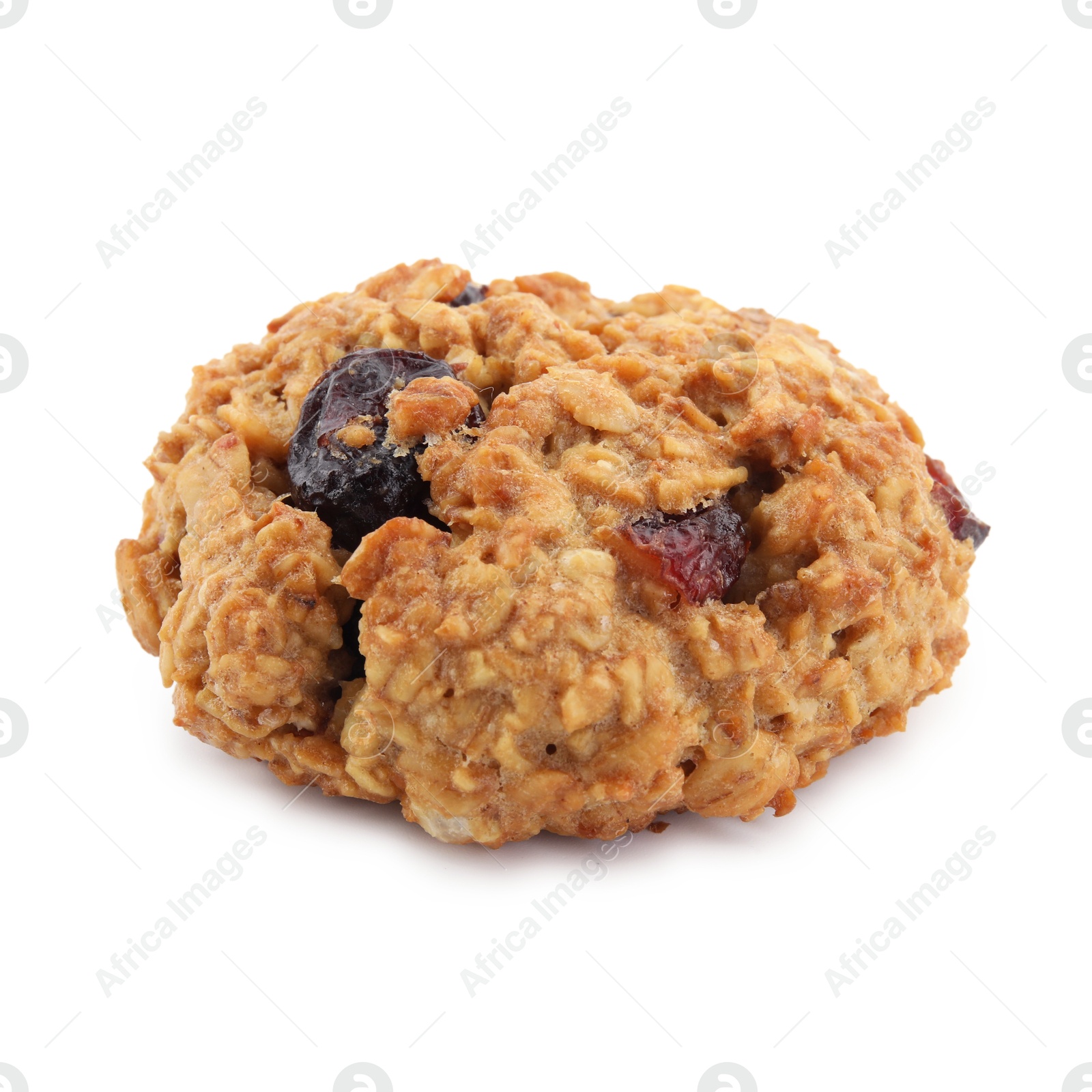 Photo of One delicious oatmeal cookie with dried cranberries and nuts isolated on white