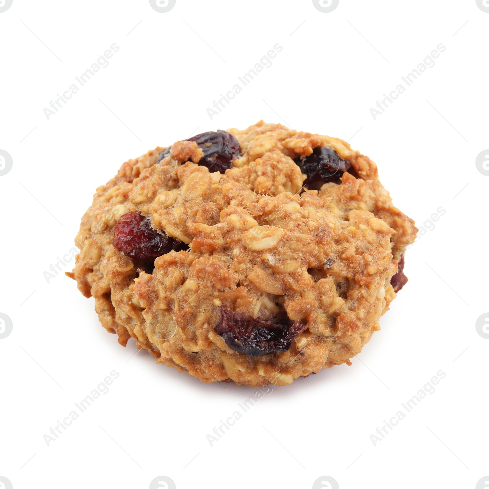 Photo of One delicious oatmeal cookie with dried cranberries and nuts isolated on white