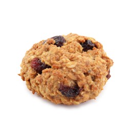 Photo of One delicious oatmeal cookie with dried cranberries and nuts isolated on white