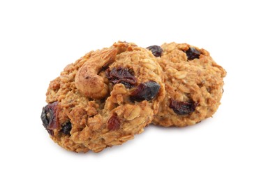 Photo of Delicious oatmeal cookies with dried cranberries and nuts isolated on white