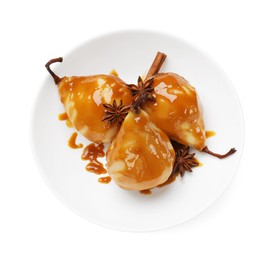 Photo of Delicious pears with caramel sauce and spices isolated on white, top view