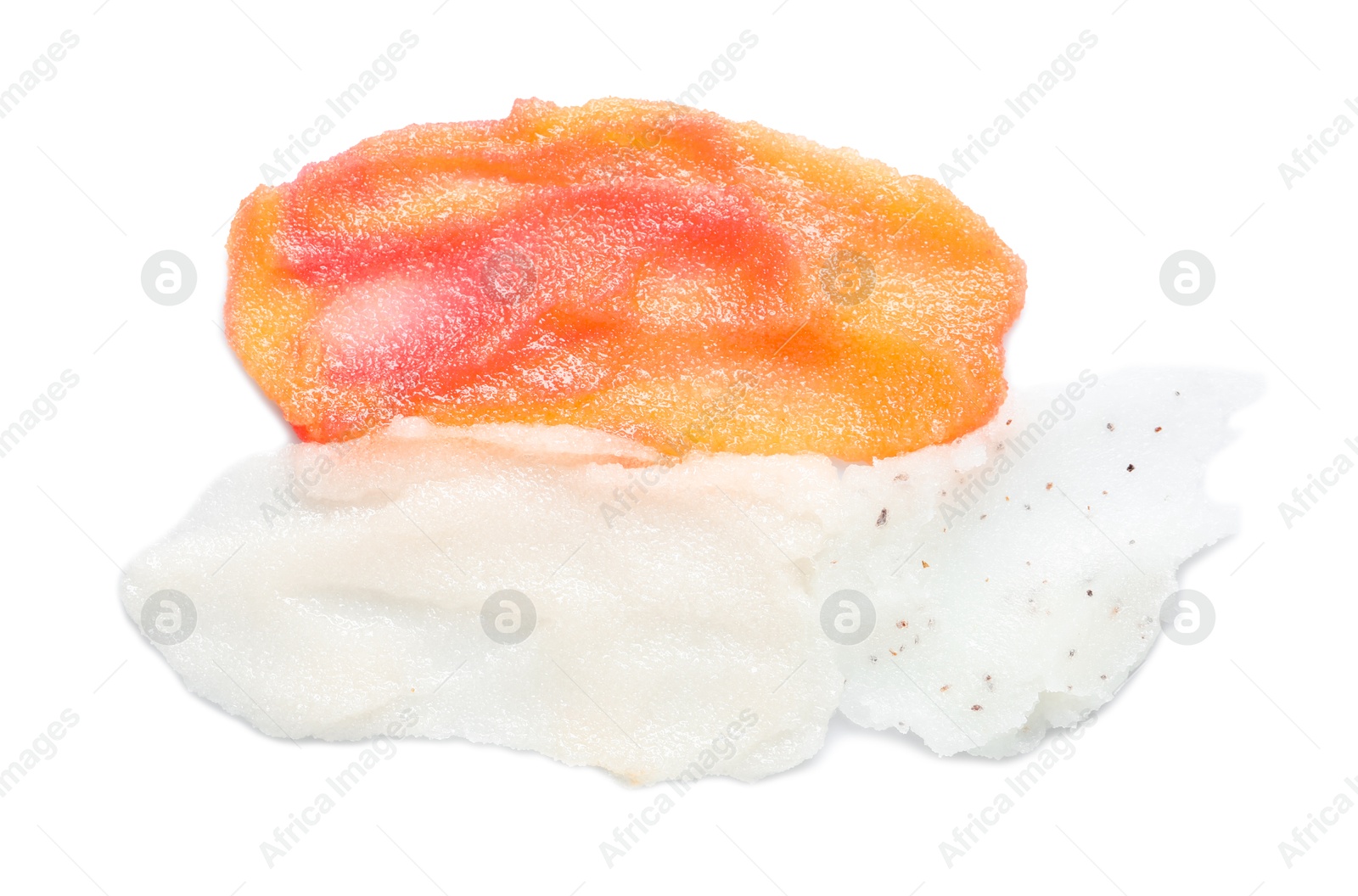 Photo of Samples of body scrubs isolated on white, top view