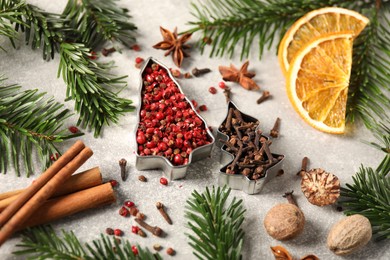 Photo of Different spices, dried orange slices and fir tree branches on light grey table. Christmas season