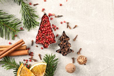 Photo of Different spices, dried orange slices and fir tree branches on light grey table, flat lay with space for text. Christmas season