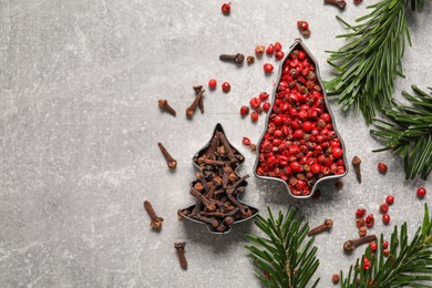 Photo of Different spices and fir tree branches on light grey table, flat lay with space for text. Christmas season