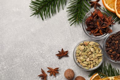 Photo of Different spices, dried orange slices and fir tree branches on light grey table, flat lay with space for text. Christmas season