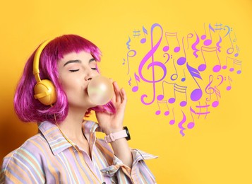 Image of Fashionable young woman in colorful wig with headphones blowing bubblegum on yellow background. Heart of music notes near her