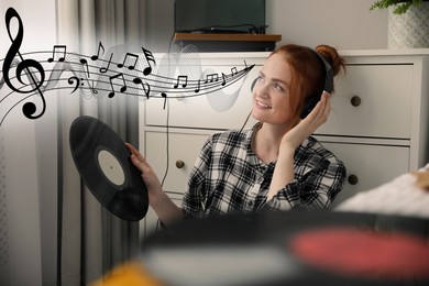 Image of Young woman with headphones and vinyl record at home. Music notes flying