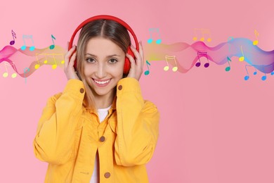 Image of Teenage girl with red headphones on pink background. Music notes and sound waves flying near her