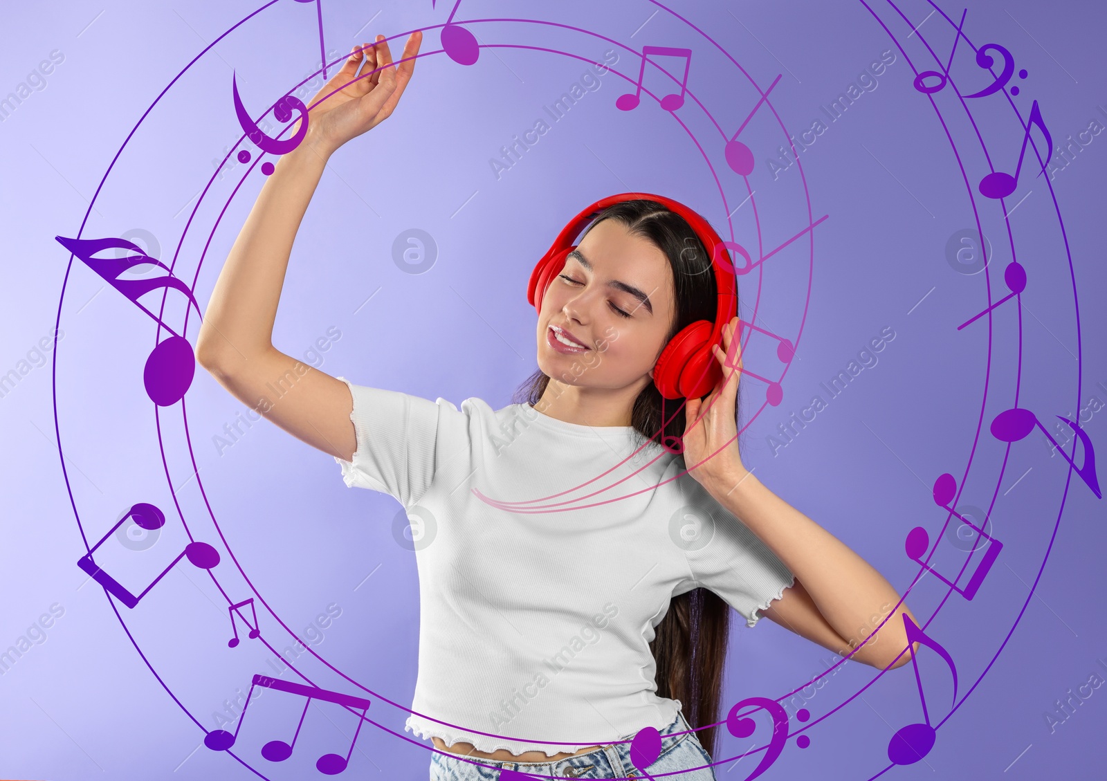 Image of Teenage girl with headphones dancing on violet background. Music notes flying around her