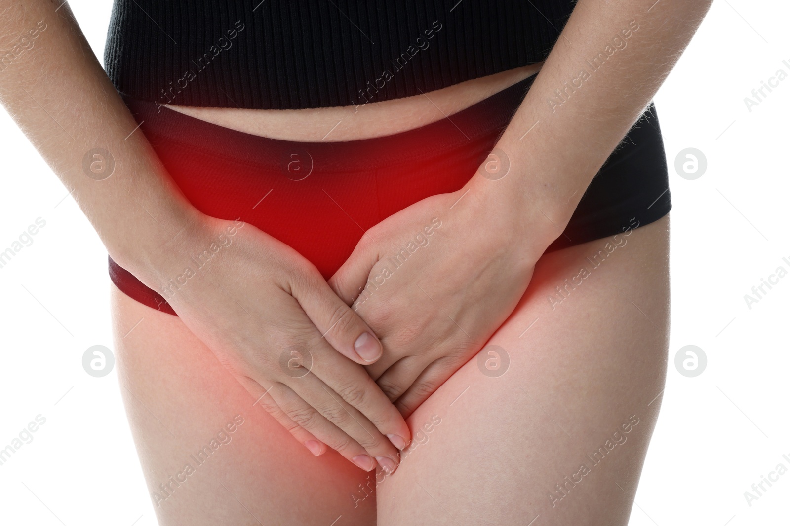 Image of STD (sexually transmitted diseases). Woman holding hands near her groin on white background, closeup