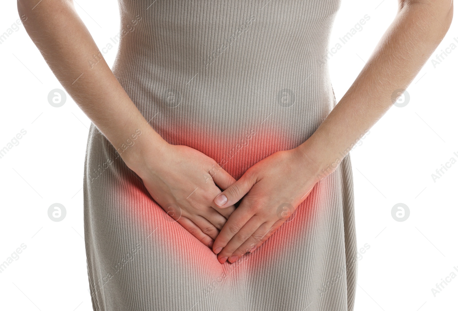 Image of STD (sexually transmitted diseases). Woman holding hands near her groin on white background, closeup