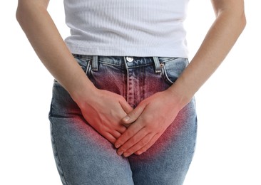 Image of STD (sexually transmitted diseases). Woman holding hands near her groin on white background, closeup